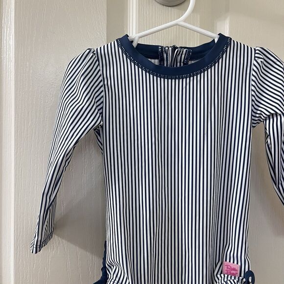 RuffleButts Navy Blue Striped One Piece Rash Guard Swimsuit Size 18-24 Months - Picture 3 of 15